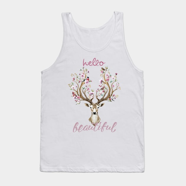 Hello Beautiful  Floral BOHO Deer Tank Top by IconicTee